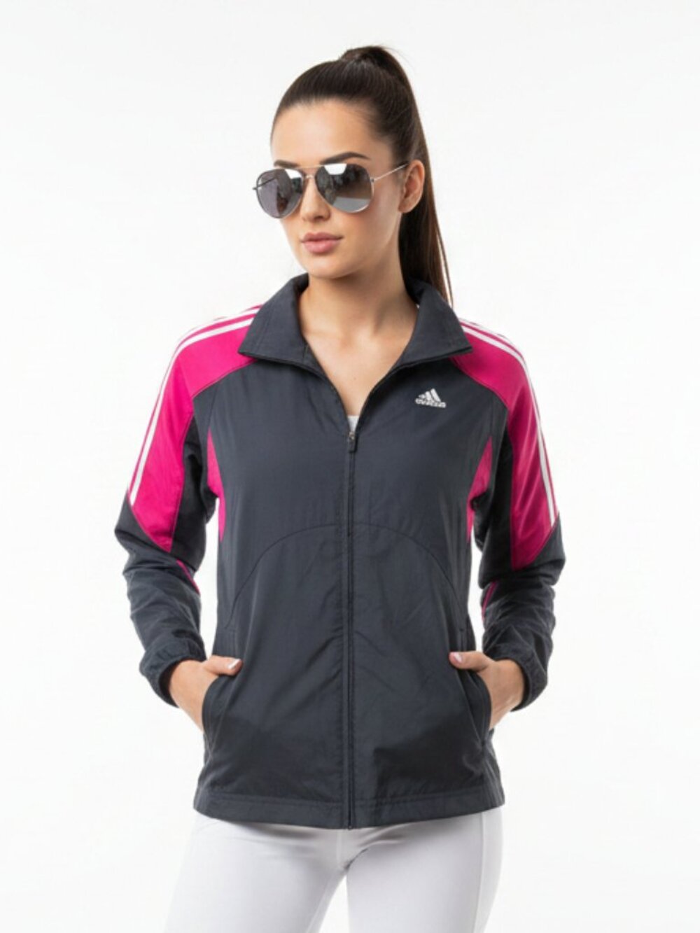 Adidas‎ Black Pink & White Long Sleeve Zip Up Sport Athletic Warmup Jacket NEW M